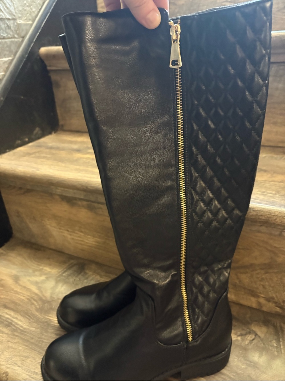 Ardene Black Quilted Over-the-Knee Boots with Gold Zipper